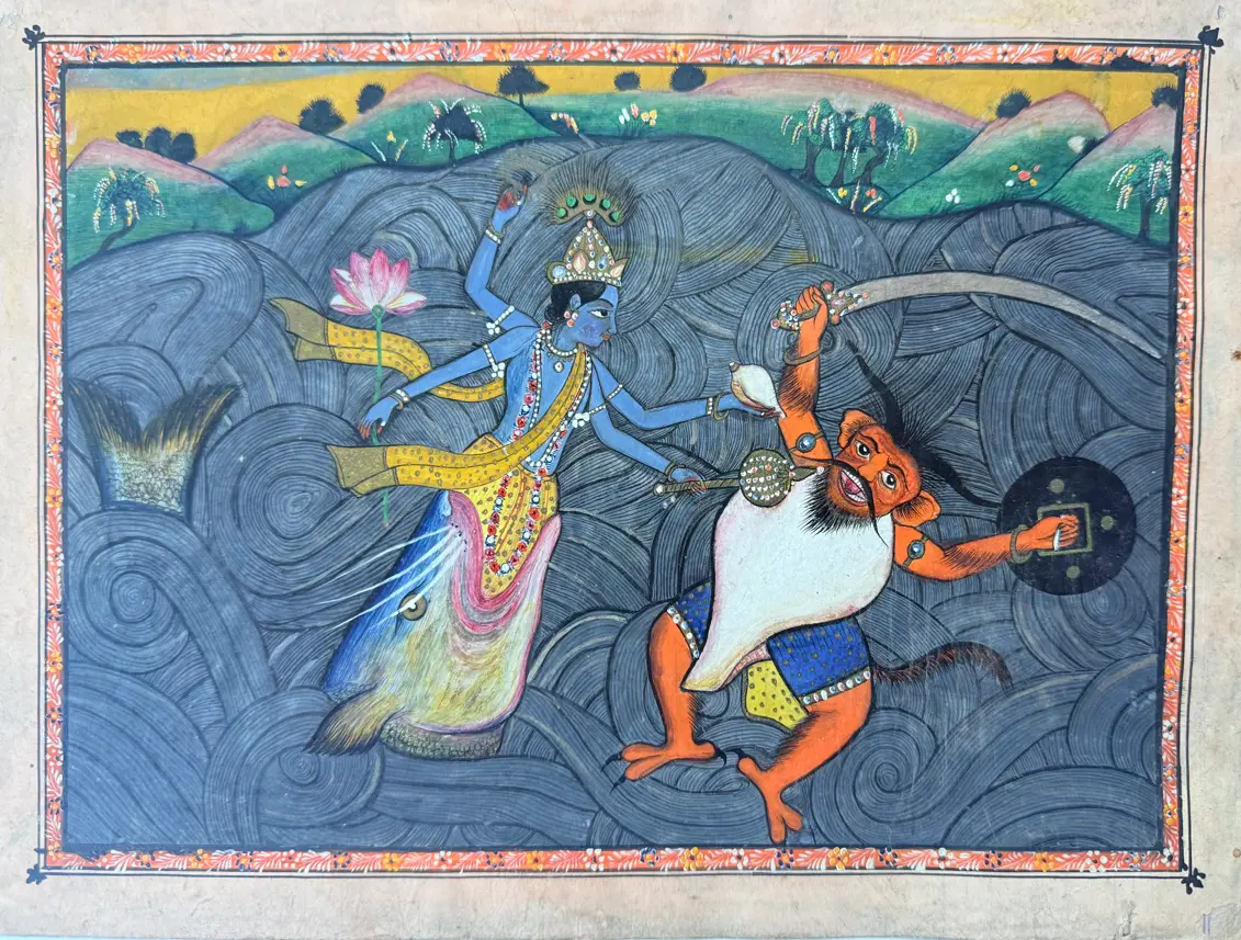 Krishna slaying Pañcajana and obtaining the Pāñcajanya conch, Basohli school, circa 1740–1760